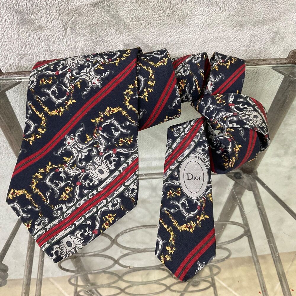 VTG Christian Dior Monsieur 100% Silk Luxury Tie Men’s Baroque w red stripe USA